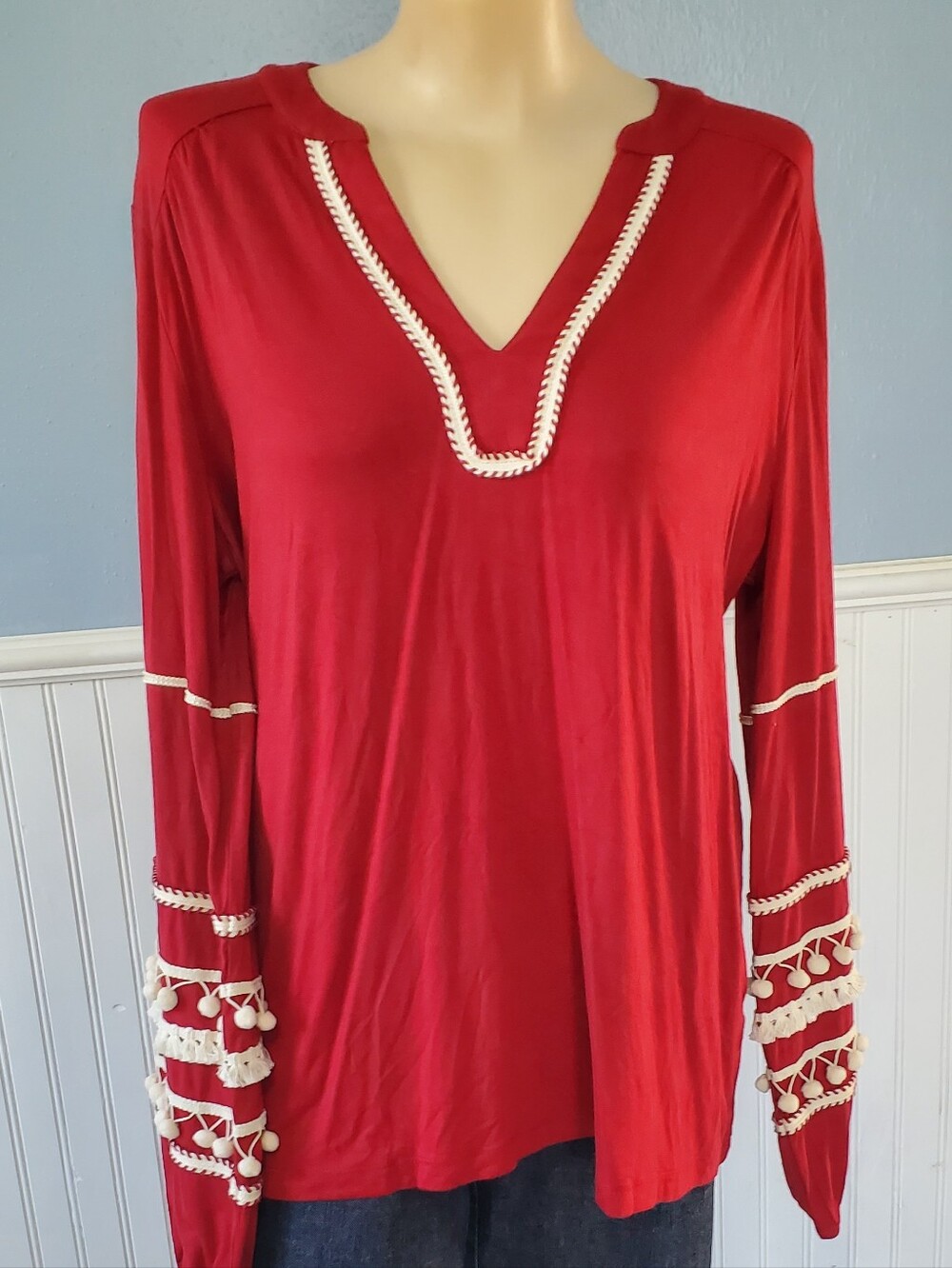 Women's Red Embroidery Boho Tassel Sleeve Tunic
